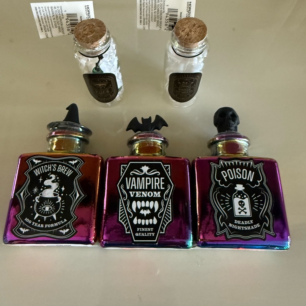 Halloween Potion Bottle Set - Purple, Black, Silver eyeballs bones, venom, brew